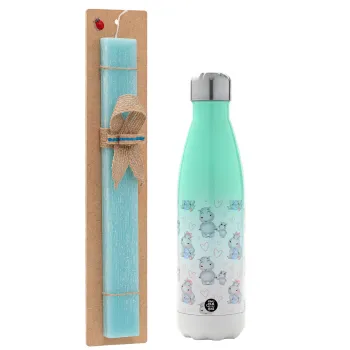 Hippo, Easter Set, Metallic green/white thermos (Stainless steel), double-walled, 500ml & scented flat Easter candle (30cm) (TURQUOISE)