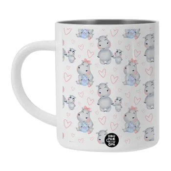 Ιπποπόταμος, Λευκή Ανοξείδωτη Μεταλλική Κούπα 450ml - Διπλού Τοιχώματος 