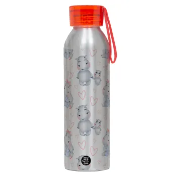 Ιπποπόταμος, Αλουμινένιο Αθλητικό Μπουκάλι 650ml – Ασημί με Κόκκινο Καπάκι και Λουράκι Σιλικόνης