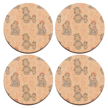 Ιπποπόταμος, ΣΕΤ x4 Σουβέρ ξύλινα στρογγυλά plywood (9cm)