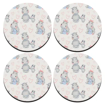 Ιπποπόταμος, ΣΕΤ 4 Σουβέρ ξύλινα στρογγυλά (9cm)