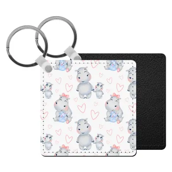 Hippo, Μπρελόκ Δερματίνη, τετράγωνο ΜΑΥΡΟ (5x5cm)