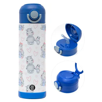 Ιπποπόταμος, Παιδικό παγούρι θερμό, ανοξείδωτο, με καλαμάκι ασφαλείας, ΜΠΛΕ (500ml)