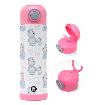 Ιπποπόταμος, Παιδικό παγούρι θερμό, ανοξείδωτο, με καλαμάκι ασφαλείας, ΡΟΖ (500ml)