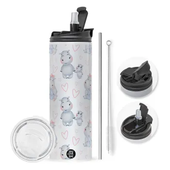 Ιπποπόταμος, Travel Tumbler θερμό με διπλό καπάκι, μεταλλικό καλαμάκι και βούρτσα καθαρισμού (Ανωξείδωτο 304 Food grade, BPA free, 600ml)