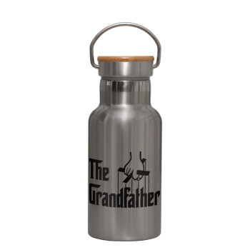 The Grandfather, Stainless steel metallic thermos flask, silver with a bamboo lid, double-walled, 350ml.