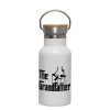 Metallic thermos (Stainless steel) White with wooden lid (bamboo), double-walled, 350ml