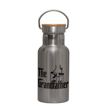 The Grandfather, Stainless steel metallic thermos flask, silver with a bamboo lid, double-walled, 350ml.