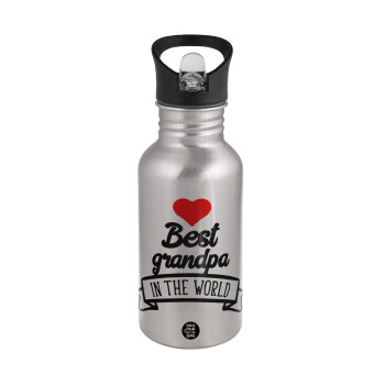 Best Grandpa in the world, Water bottle Silver with straw, stainless steel 500ml