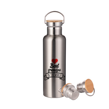 Best Grandpa in the world, Stainless steel Silver with wooden lid (bamboo), double wall, 750ml