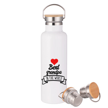 Best Grandpa in the world, Stainless steel White with wooden lid (bamboo), double wall, 750ml