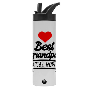 Best Grandpa in the world, Metallic thermos bottle with straw & handle, stainless steel (Stainless steel 304), double-walled, 600ml.