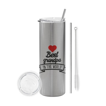 Best Grandpa in the world, Eco friendly stainless steel Silver tumbler 600ml, with metal straw & cleaning brush