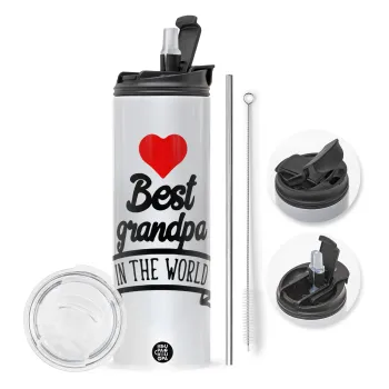 Best Grandpa in the world, Travel Tumbler 2 Lids, with metal straw & cleaning brush (Stainless steel 304 Food grade, BPA free, 600ml)