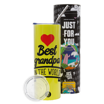 Best Grandpa in the world, Neon Yellow Travel Tumbler, with metal straw (Stainless steel 304 Food grade, BPA free, 600ml)