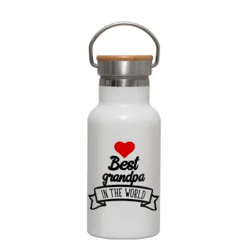 Best Grandpa in the world, Metallic thermos (Stainless steel) White with wooden lid (bamboo), double-walled, 350ml