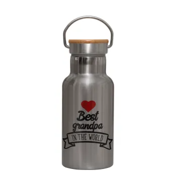 Best Grandpa in the world, Stainless steel metallic thermos flask, silver with a bamboo lid, double-walled, 350ml.