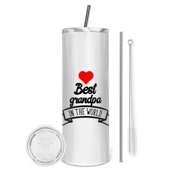 Best Grandpa in the world, Tumbler ποτήρι θερμό από ανοξείδωτο ατσάλι 600ml, με μεταλλικό καλαμάκι & βούρτσα καθαρισμού