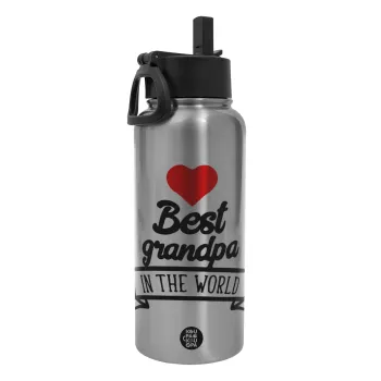 Best Grandpa in the world, Μεταλλικό παγούρι θερμός Silver με καλαμάκι και χερούλι (Stainless steel), διπλού τοιχώματος, 950ml