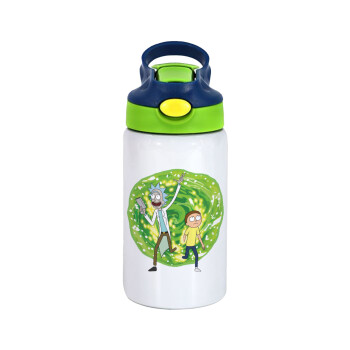 Rick and Morty, Children's hot water bottle, stainless steel, with safety straw, green, blue (350ml)
