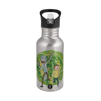 Rick and Morty, Water bottle Silver with straw, stainless steel 500ml