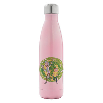 Rick and Morty, Metal mug thermos Pink Iridiscent (Stainless steel), double wall, 500ml