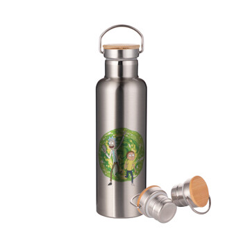 Rick and Morty, Stainless steel Silver with wooden lid (bamboo), double wall, 750ml