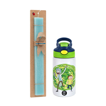 Rick and Morty, Easter Set, Children's thermal stainless steel bottle with safety straw, green/blue (350ml) & aromatic flat Easter candle (30cm) (TURQUOISE)