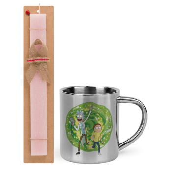 Rick and Morty, Easter Set, metallic thermal cup (300ml) & aromatic flat Easter candle (30cm) (PINK)