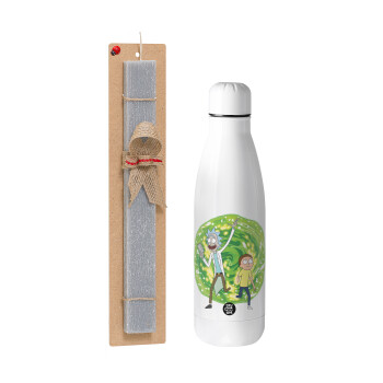 Rick and Morty, Easter Set, metallic stainless thermos bottle (500ml) & scented flat Easter candle (30cm) (GRAY)