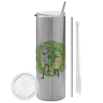 Rick and Morty, Eco friendly stainless steel Silver tumbler 600ml, with metal straw & cleaning brush