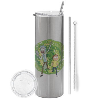Rick and Morty, Tumbler ποτήρι θερμό Ασημένιο από ανοξείδωτο ατσάλι 600ml, με μεταλλικό καλαμάκι & βούρτσα καθαρισμού