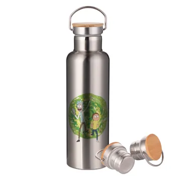 Rick and Morty, Stainless steel Silver with wooden lid (bamboo), double wall, 750ml