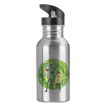 Rick and Morty, Water bottle Silver with straw, stainless steel 600ml