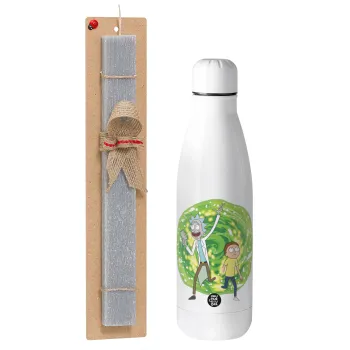 Rick and Morty, Easter Set, metallic stainless thermos bottle (500ml) & scented flat Easter candle (30cm) (GRAY)