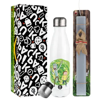Rick and Morty, Easter candle, metallic white thermos bottle (500ml) & aromatic flat candle (30cm) (GRAY)