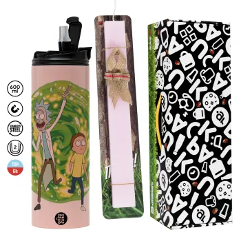 Rick and Morty, Πασχαλινή Λαμπάδα με  ΡΟΖ Travel Tumbler θερμό (600ml, BPA free) & κερί αρωματικό πλακέ (30cm) (ΡΟΖ)
