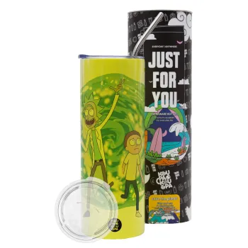 Rick and Morty, Neon Yellow Travel Tumbler θερμό, μεταλλικό καλαμάκι(Ανωξείδωτο 304 Food grade, BPA free, 600ml)