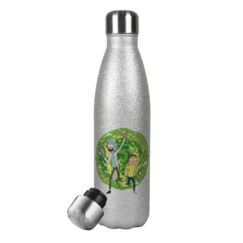 Rick and Morty, Metallic Glitter Silver Thermos Flask (Stainless steel), double-walled, 500ml