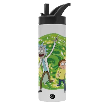 Rick and Morty, Μεταλλικό παγούρι θερμός με καλαμάκι & χειρολαβή, ανοξείδωτο ατσάλι (Stainless steel 304), διπλού τοιχώματος, 600ml