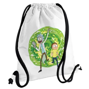 Rick and Morty, Backpack pouch GYMBAG white, with pocket (40x48cm) & thick cords