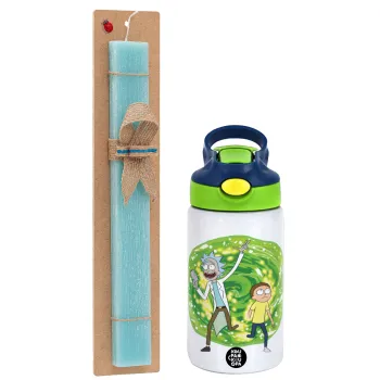 Rick and Morty, Easter Set, Children's thermal stainless steel bottle with safety straw, green/blue (350ml) & aromatic flat Easter candle (30cm) (TURQUOISE)