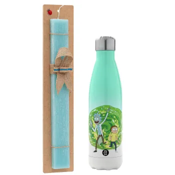 Rick and Morty, Easter Set, Metallic green/white thermos (Stainless steel), double-walled, 500ml & scented flat Easter candle (30cm) (TURQUOISE)
