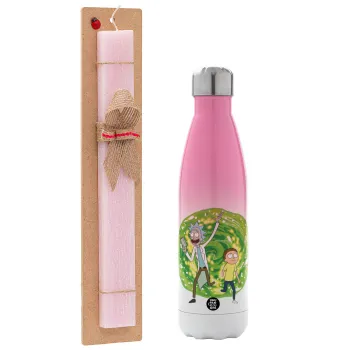Rick and Morty, Easter Set, Metallic pink/white (Stainless steel) thermos, double-walled, 500ml & aromatic flat Easter candle (30cm) (PINK)