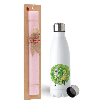 Rick and Morty, Easter Set, metallic stainless steel water bottle (750ml) & scented flat Easter candle (30cm) (PINK)