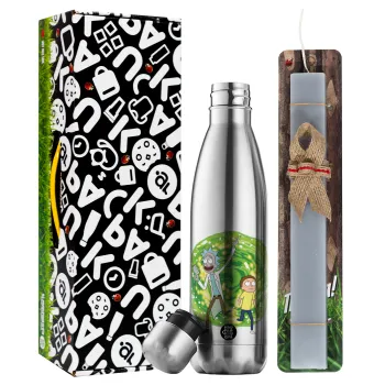 Rick and Morty, Easter Set, metallic stainless thermos flask (500ml) & scented flat Easter candle (30cm) (GRAY)