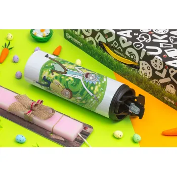 Rick and Morty, Πασχαλινή Λαμπάδα με Travel Tumbler θερμό με διπλό καπάκι (600ml, BPA free) & κερί αρωματικό πλακέ (30cm) (ΡΟΖ)