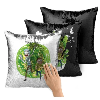 Rick and Morty, Μαξιλάρι καναπέ Μαγικό Μαύρο με πούλιες 40x40cm περιέχεται το γέμισμα