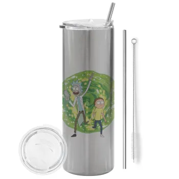 Rick and Morty, Tumbler ποτήρι θερμό Ασημένιο από ανοξείδωτο ατσάλι 600ml, με μεταλλικό καλαμάκι & βούρτσα καθαρισμού