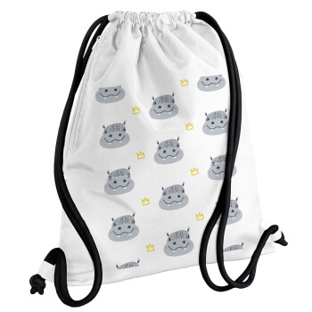 Hippo, Backpack pouch GYMBAG white, with pocket (40x48cm) & thick cords